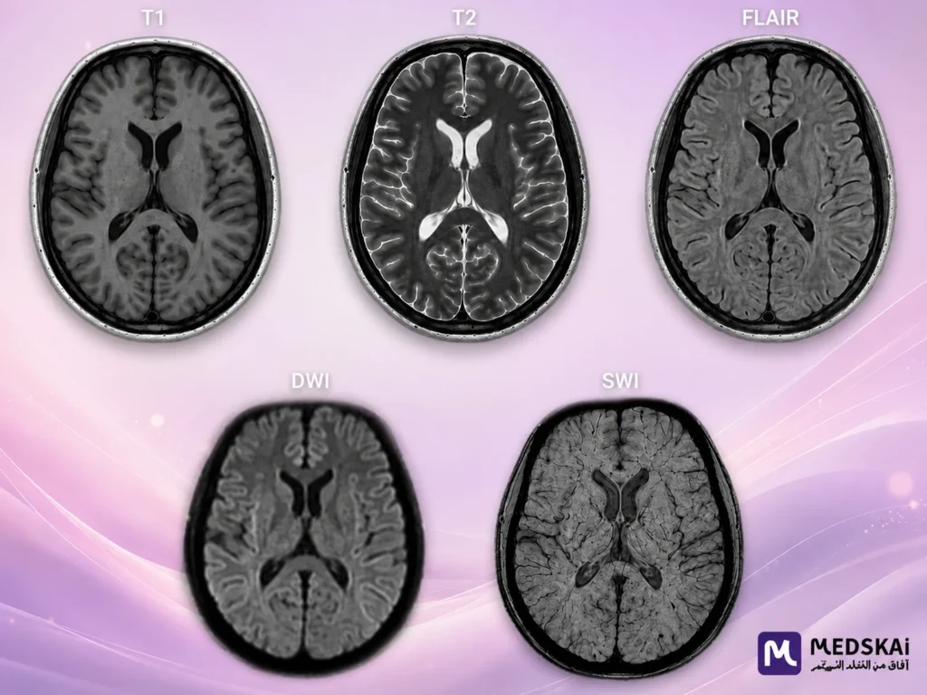 T1, T2, FLAIR, DWI and SWI comparison in the MRI brain protocol