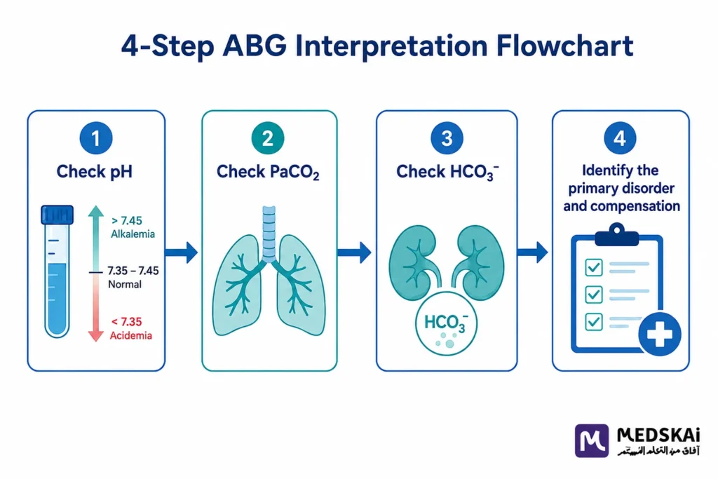 ABG interpretation flowchart for step-by-step arterial blood gas results