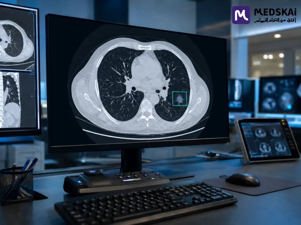 Artificial intelligence in radiology highlighting a suspicious finding on a chest CT scan